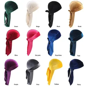 Unisex Velvet Durag Long Tail and Wide Straps Waves for Men Solid Wide Doo Rag Bonnet Cap Comfortable Sleeping Hat Wholesale