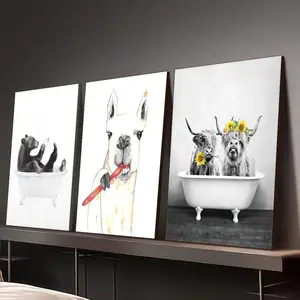 2D Flat ,3pcs Framed Canvas Prints, Wall Decor for Hallway & Office- Wooden Frame Posters, a bear sitting in a bathtub with a glass，Ox and Home Canvas Prints, Warm and Comforting Wall Decor, Home and Dorm Wall Décor, Bar, Living Room, Cafe