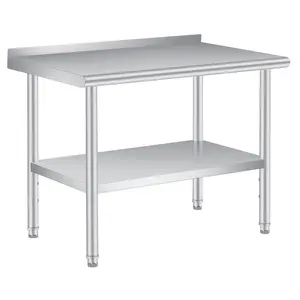 Robust stainless steel work table for professional kitchens – With raised edge and height-adjustable shelf – Heavy-duty prep and work table for kitchens, catering, restaurants, and outdoor use – Size: 48 x 24 inches