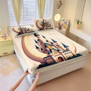 3Pcs Dreamy Crescent Castle Fitted Sheet Set, Princess Style Healing Design, Non-slip Fit Skin-friendly and Breathable, Suitable for Daily Use in Sweet Girls' Bedrooms