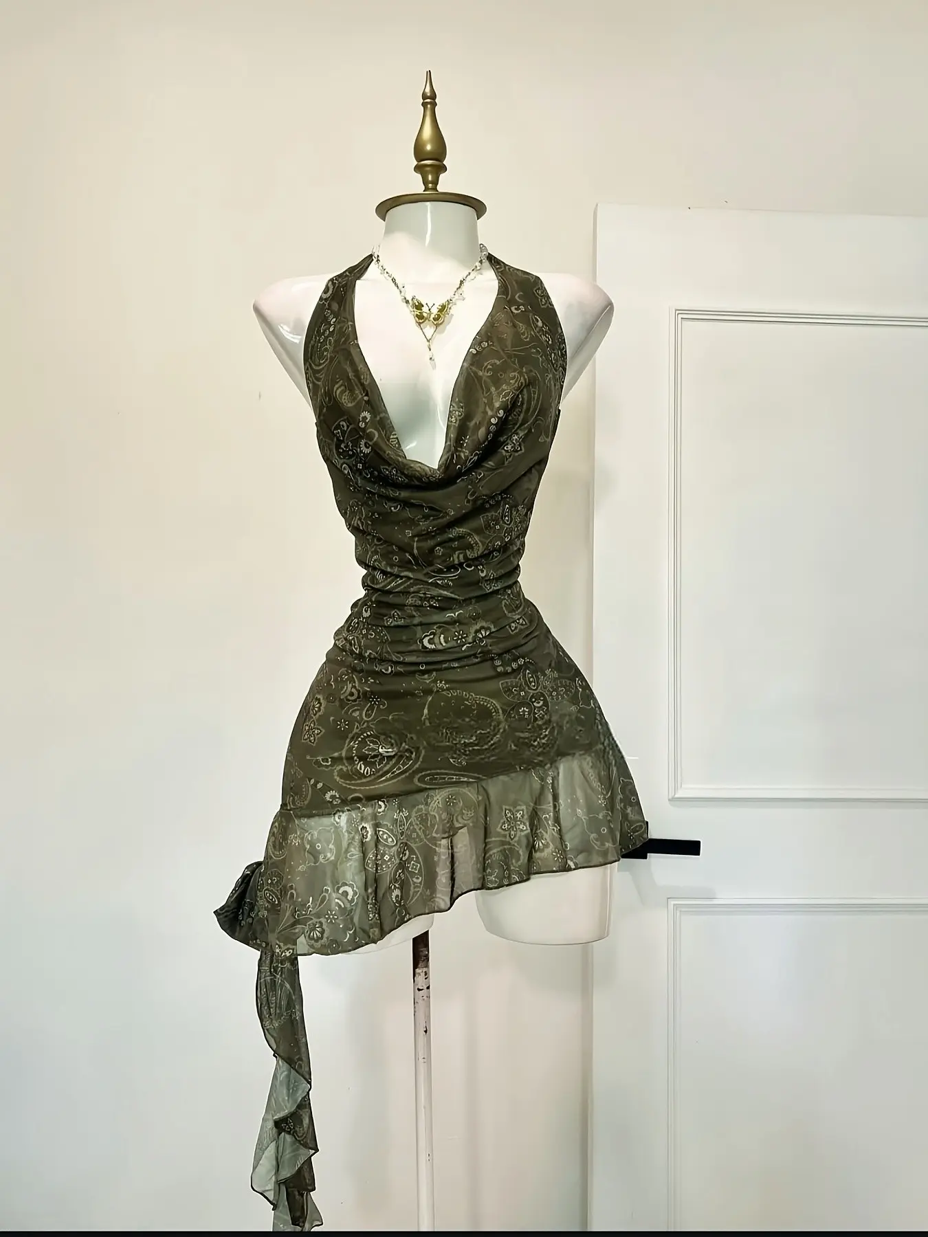Y2K Spring Summer Hawaiian Beach Boho Bohemian Fashion Elegant Feminine Sexy Mesh Breathable Lightweight Paisley Print Deep V Neck Backless Ruffle Mini Dress for Women