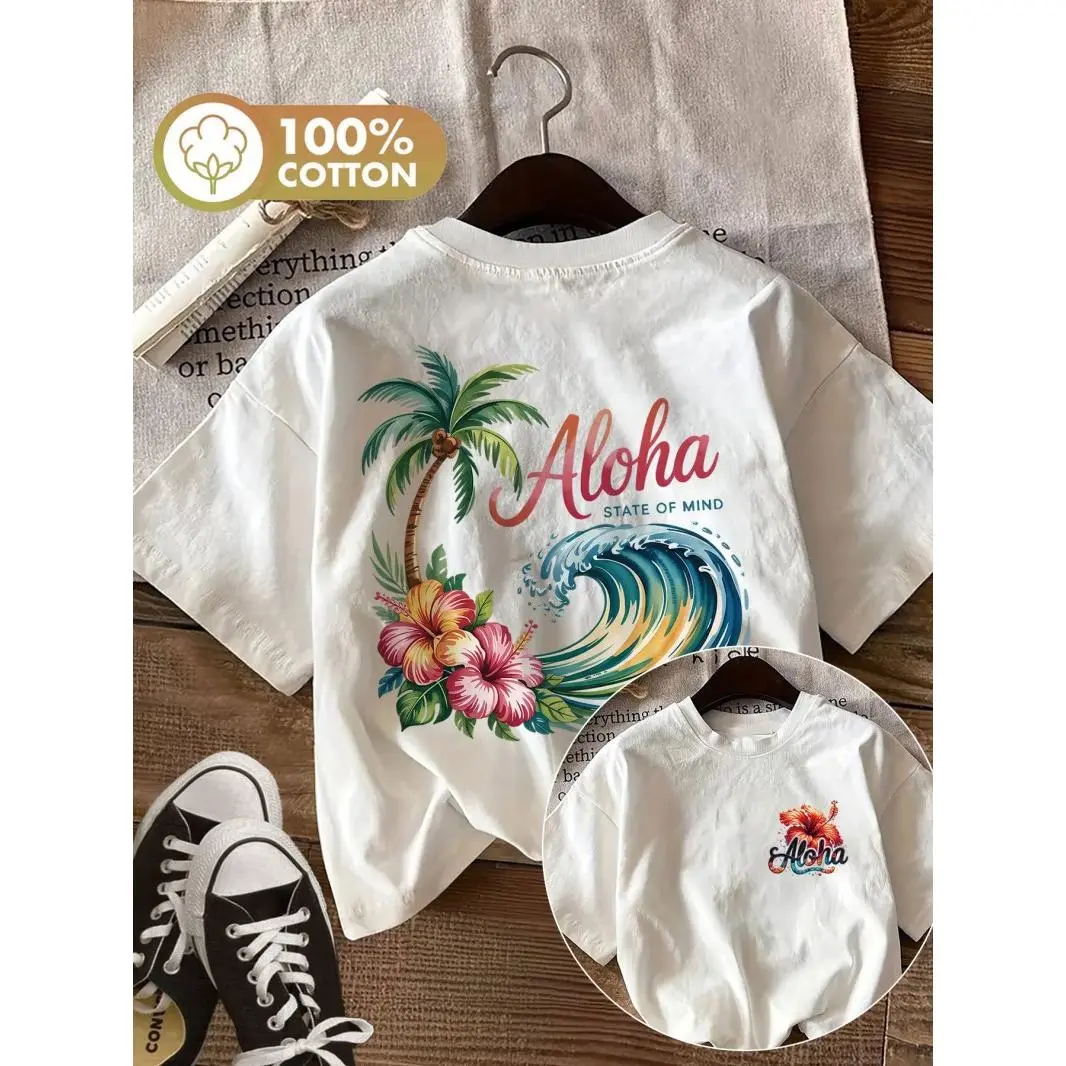 Aloha Hawaiian Palm Tree Hibiscus Wave Print Oversized T Shirt Women 100 Cotton Casual Summer Beach Vacation Short Sleeve Top Trendy Aesthetic Comfortable Daily Wear