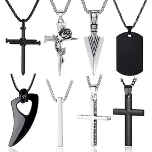 8 Pcs Necklace for Men, Mens Necklaces Jewelry Set, Black and Silver Stainless Steel Necklace, Cross Pendant Necklace, 16-24 inches Chain