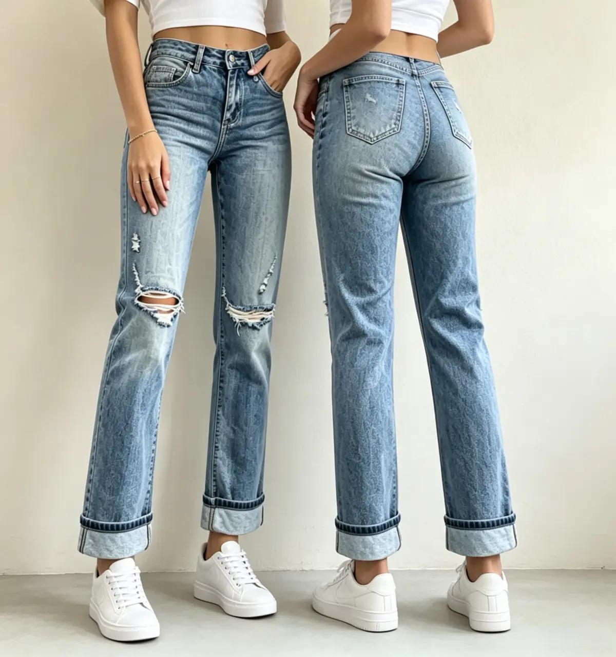 Women's Medium Blue Wash Stretchy Ripped Mid-Rise Straight Leg Jeans - Button-Flap Pockets, Roll Cuff Hem, Destroyed Holes, Soft Casual Daily Streetwear Bottoms