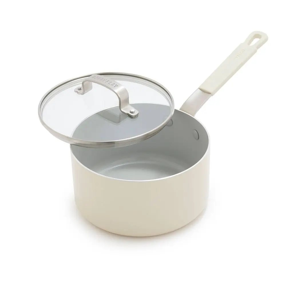 Bobby Flay 2.54qt Ceramic Nonstick Aluminum Sauce Pan with Lid Cream: Dishwasher-Safe PTFE & PFOA Free