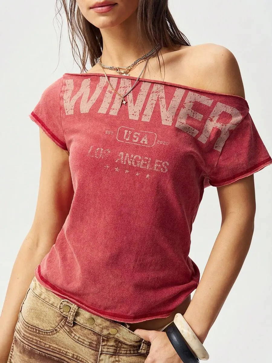 TNK x Bohemela Women's Casual Solid Color Knit Boat Neck Short Sleeve T-Shirt Asymmetric Neck TOP