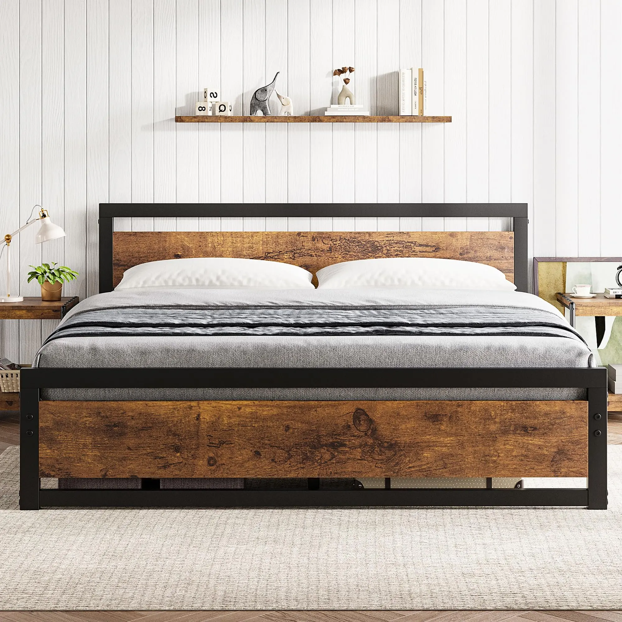 YJ-Garvee King Size Metal Platform Bed Frame with Wooden Headboard and Footboard,  Industrial Style Bed Frame with Under Bed Storage, Sturdy Steel Slat Support, No Box Spring Needed, Rustic Brown Finish