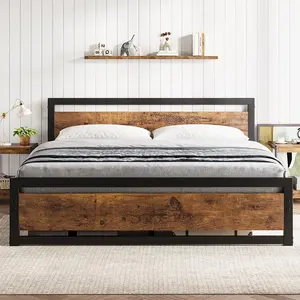 YJ-Garvee King Size Metal Platform Bed Frame with Wooden Headboard and Footboard,  Industrial Style Bed Frame with Under Bed Storage, Sturdy Steel Slat Support, No Box Spring Needed, Rustic Brown Finish