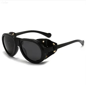 Vintage Biker Style Polarized Sunglasses, Leather Side Shield Round Eyewear, Retro Sun Glasses for Streetwear & Festival