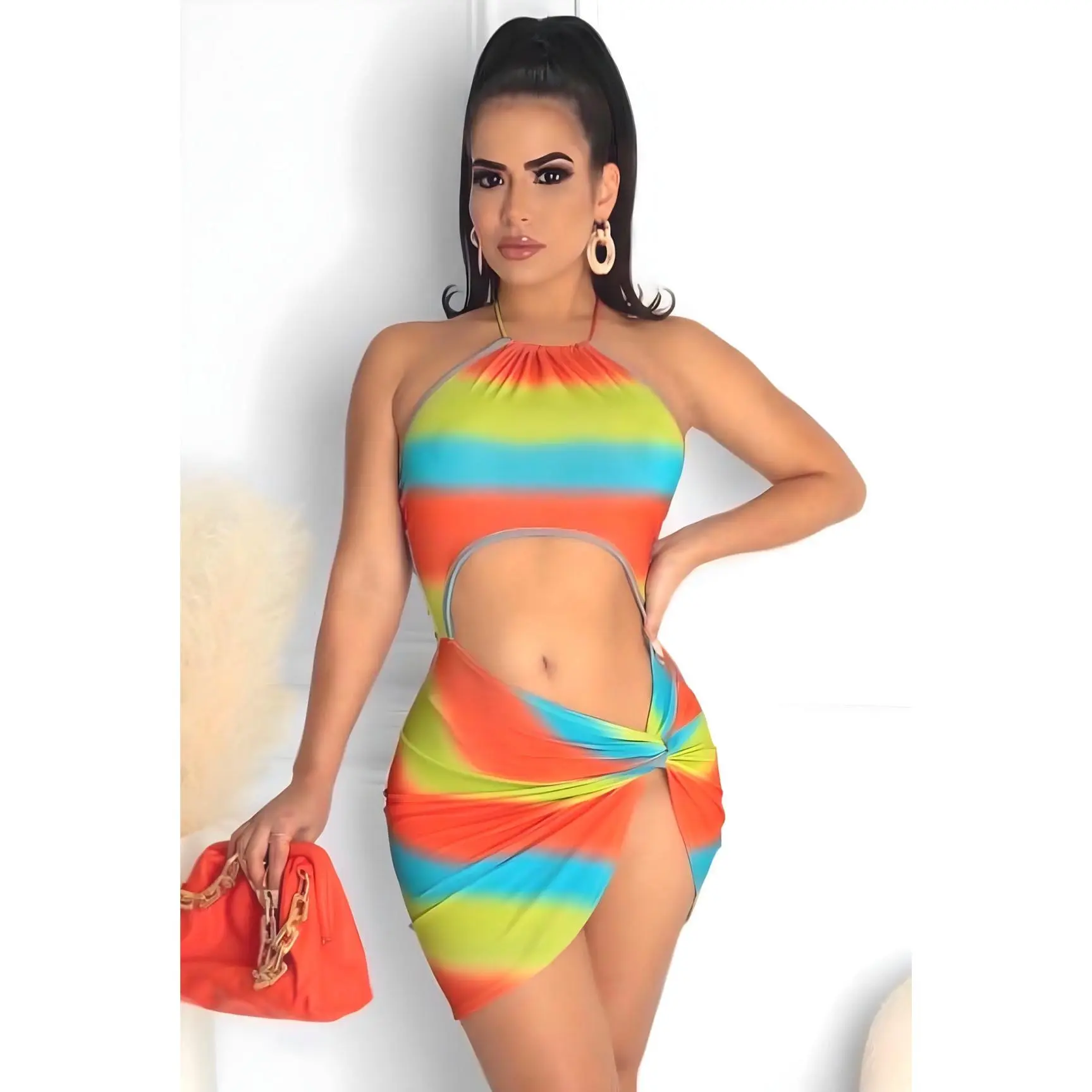 Women's Spandex-Polyester Halter Mini Dress - Sleeveless, Adjustable Cutout, High Side Split, Rainbow Color Block Bodycon Casual Dress, Fits, Sexy, Stretchy, Beach