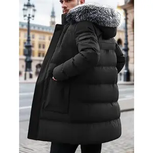 Men's Winter Large Size Cotton Jacket Removable Fur Hooded Cotton Coat with Soft Polyester Lining, Multiple Pockets, Suitable for Cold Weather Machine Washable, Men's Winter Mid Length Warm Outerwear.