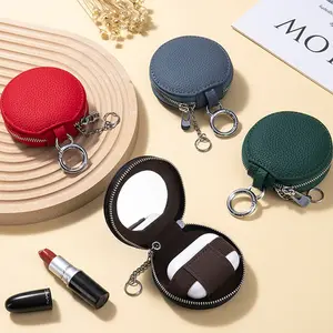 Portable Lipstick Cosmetic Storage Bag with Mirror round Bluetooth Headset Package Pendant Keychain Storage Bag