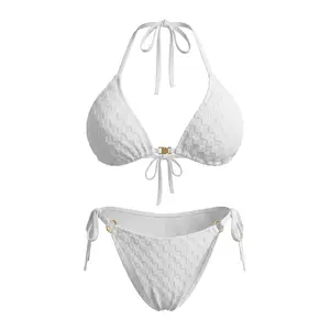 Large size bikini swimsuit women's solid color big chest sexy jacquard three-point halter split swimsuit bikini  bathing suits for the summer