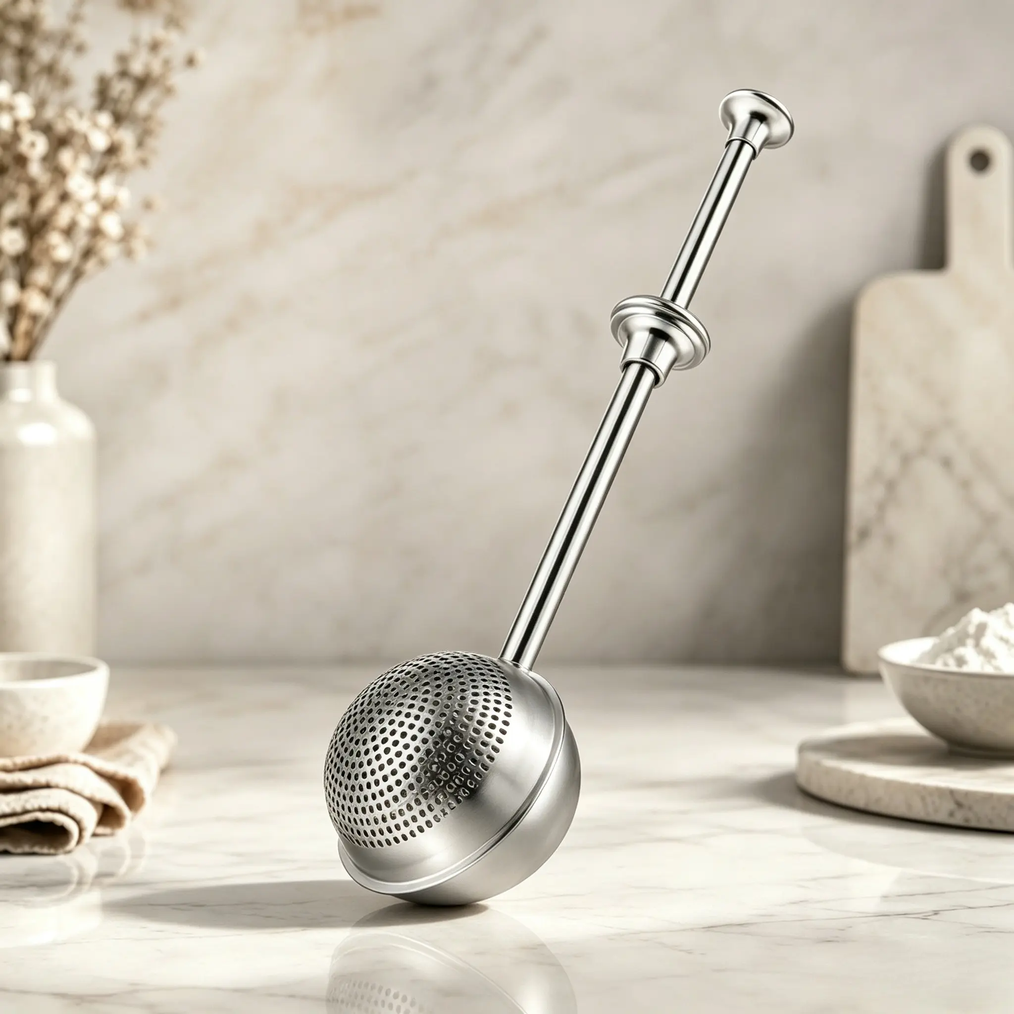 Signature Stainless Steel Baking Duster - Minimalist 7x2x2" Spring-Press Micro Mesh Flour Sifter Wand for Bread, Powdered Sugar, Coffee & Cocoa