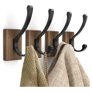 Wood Wall Hooks for Hanging - 4 Pack Hooks Wall Mounted, Wooden Rustic Farmhouse Heavy Duty Towel Hooks, Hooks for Coats, Towel, Hat, Keys, Purse, Bag and Robe