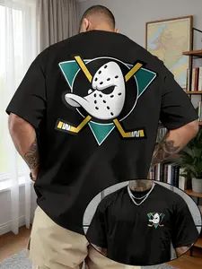 Men's Classic Summer Giant Duck Hockey Pattern Casual Round Neck Short Sleeve T-Shirt, Breathable Comfort Loose Fit Outdoor Sports Top, Menswear Streetwear