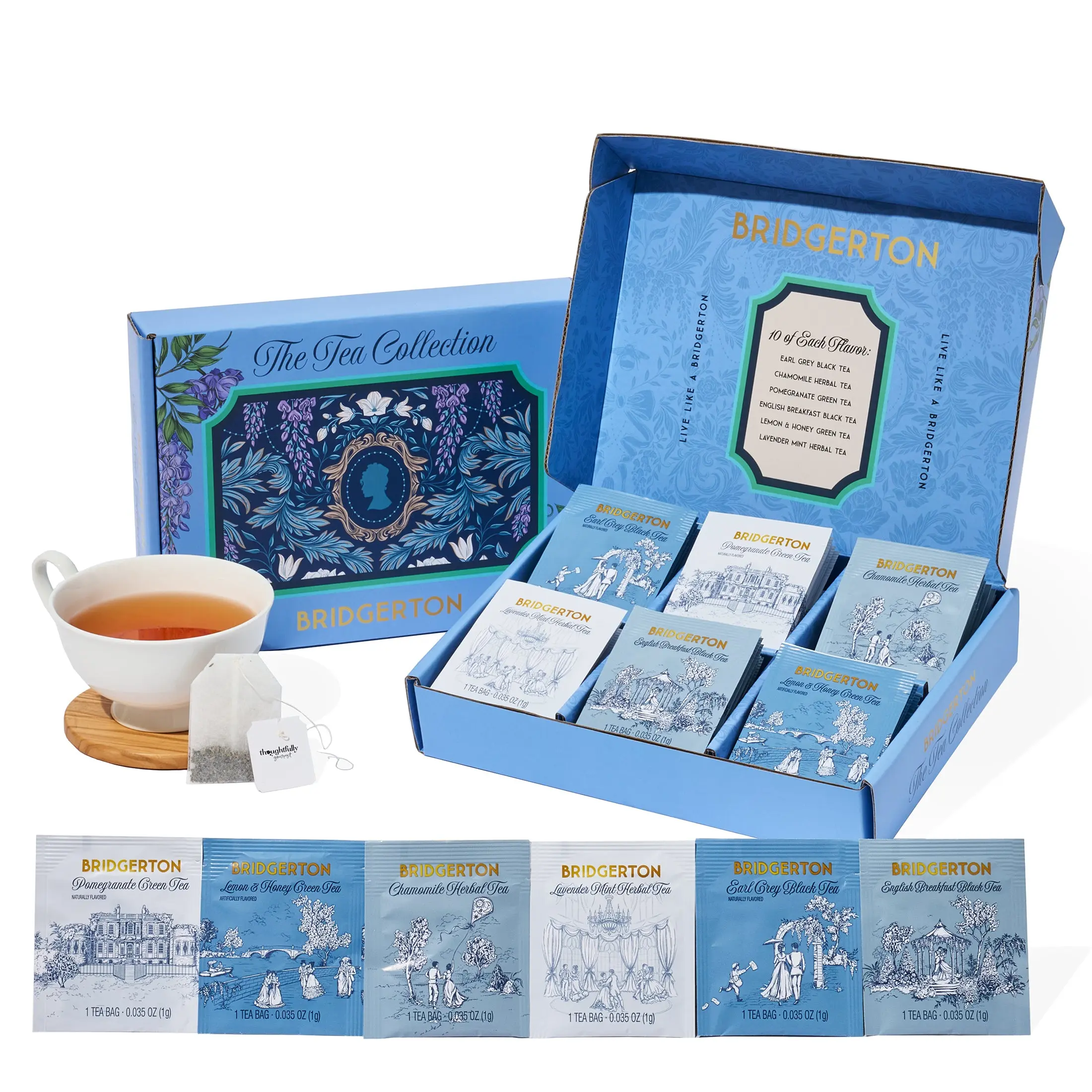 Bridgerton The Tea Collection Officially Licensed Tea Gift Set, 60 Premium Tea Bags with Herbal, Black & Green Tea Blends Bridgerton Inspired Tea Box for Fans and Book Lovers