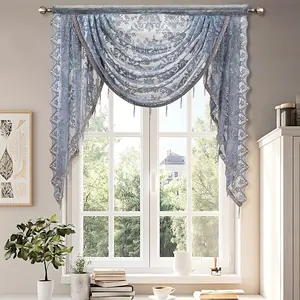 Handmade Embroidered Lace Curtain Panel, Luxury Floral Design, Semi-Transparent Polyester, Crystal Tassels, Rod-Pull Style, for Living Room, Bedroom, Balcony