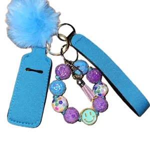Blue Keychain with Colorful Beads and Smiley Face Charm