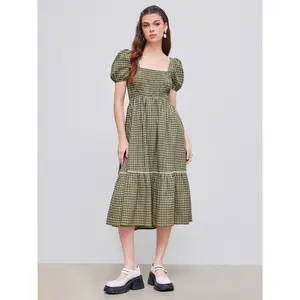 Cider [size 0-10] Square Neck Gingham Shirred Ruffle Puff Sleeve Maxi Dress