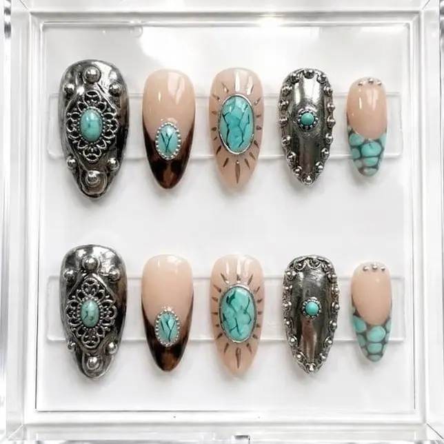 Turquoise Press On Nails 3D Western Cowgirl Rodeo Silver Charm Y2K