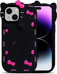 Cute Case for iPhone 13/14 6.1'', Black Kawaii Funny 3D Bow Cartoon Silicone Cat Phone case, Aesthetic Soft Shockproof Classic Protective Cover for Women Girls, and Kids(Black, for iPhone 13/14) Protection Animal
