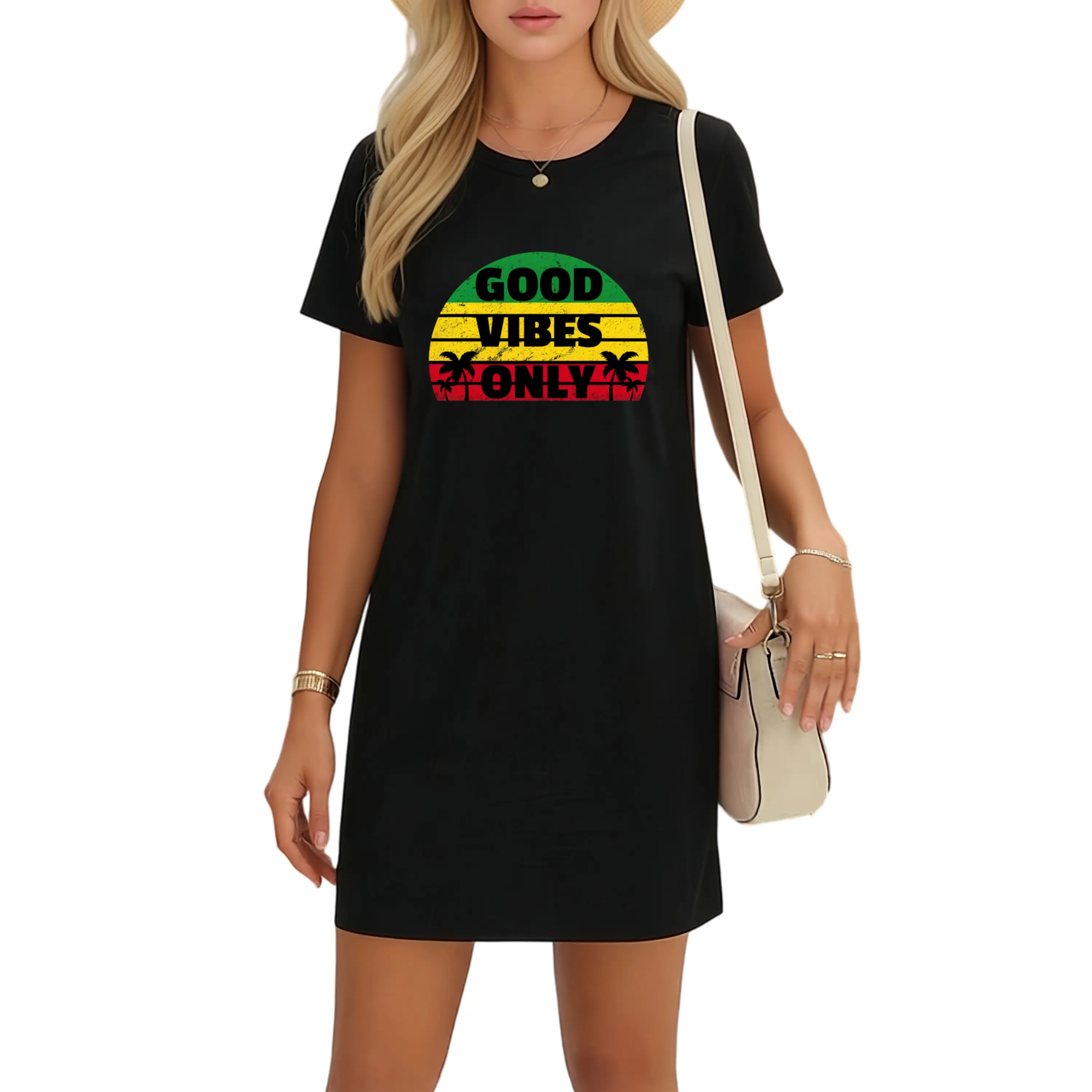 Good Vibes Only T-Shirt Dress – Jamaican Rasta Reggae Style for a Bold Summer Look