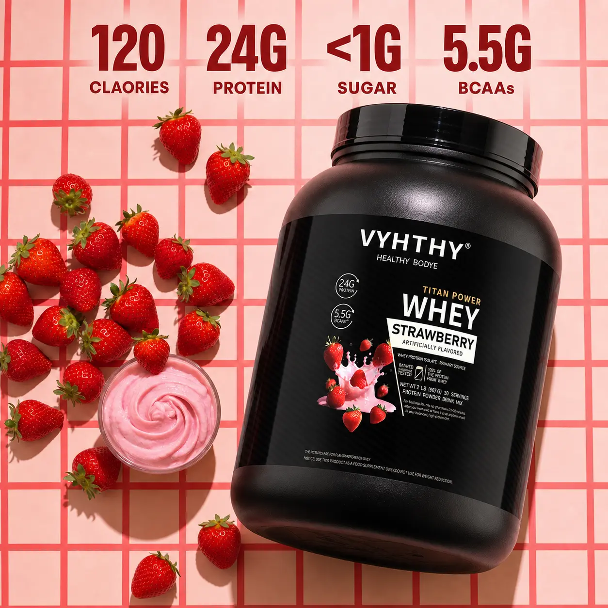 VYHTHY Whey Protein Isolate Powder, 30 Servings – Strawberry Ice Cream Flavor | Supports Post-Workout Muscle Recovery and Growth | 24g Protein + 3.5g BCAAs