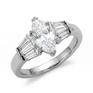 Women's 316 Stainless Steel Wedding Ring Marquise Cut Simulated Diamond Engagement Band Classic 3-Stone Ring with Tapered Baguette Accents