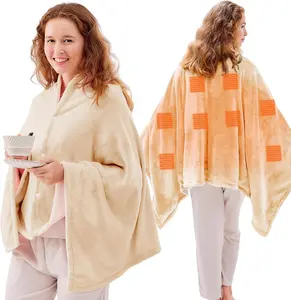 USB Heated Blanket Throw, Wearable & Portable Heating Electric Blanket for Adults, 3 Levels & 8 Heating Zone Shawl for Indoor & Outdoor, Beige (Battery Not Included)
