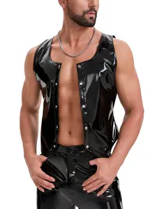 Men's Shiny Faux Leather Tank Top, Sexy Crew Neck Solid Vest, Wetlook Casual Slim Fit Button Motorcycle Jacket