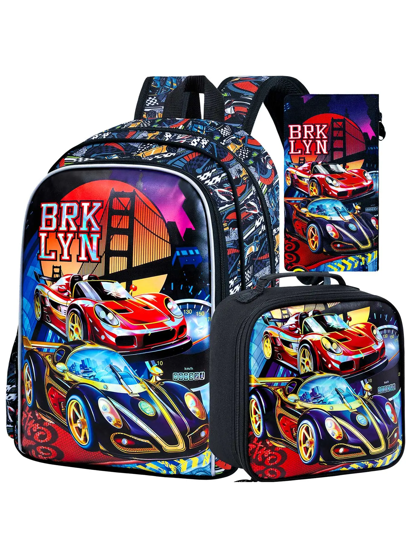 3PCS Boys Racing Car Trendy Pattern Backpack Set, Kids Bookbag with Lunch Box, School Bag for Elementary Preschool Toddler