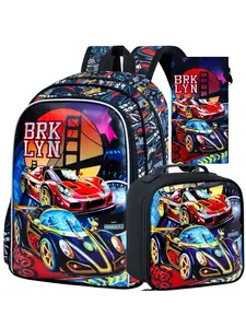 3PCS Boys Racing Car Trendy Backpack, Kids Bookbag with Lunch Box, School Bag for Elementary Preschool Toddler