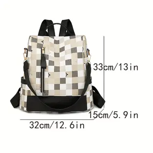 1pc Women's Elegant Checkered Backpack - Large Capacity Travel Bag with Adjustable Shoulder Straps, Anti-Theft Zipper Closure & Golden-Tone Hardware, Durable in Khaki/Pink/Blue for Work,, Weekend Trips, Travel Backpack, Versatile Carryall, Modern Aestheti