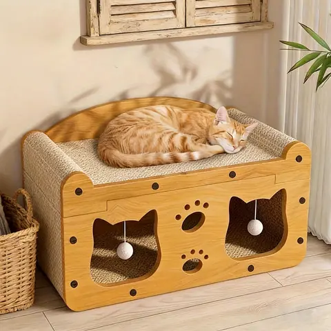 2 in 1 House & Scratch Board, 1 Set Wooden Bed with Scratcher, Durable Double Layer Bed, Pet Furniture for Indoor Spacious cool cat stuff cozy cat bed cat scratcher indoor cat accessories cat toys cat accessories