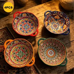 4-Piece Embossed Ceramic Soup Bowl Set, Boho Style, Bohemian, Dishwasher & Microwave Safe, Handmade, Kitchenware, Perfect Gift