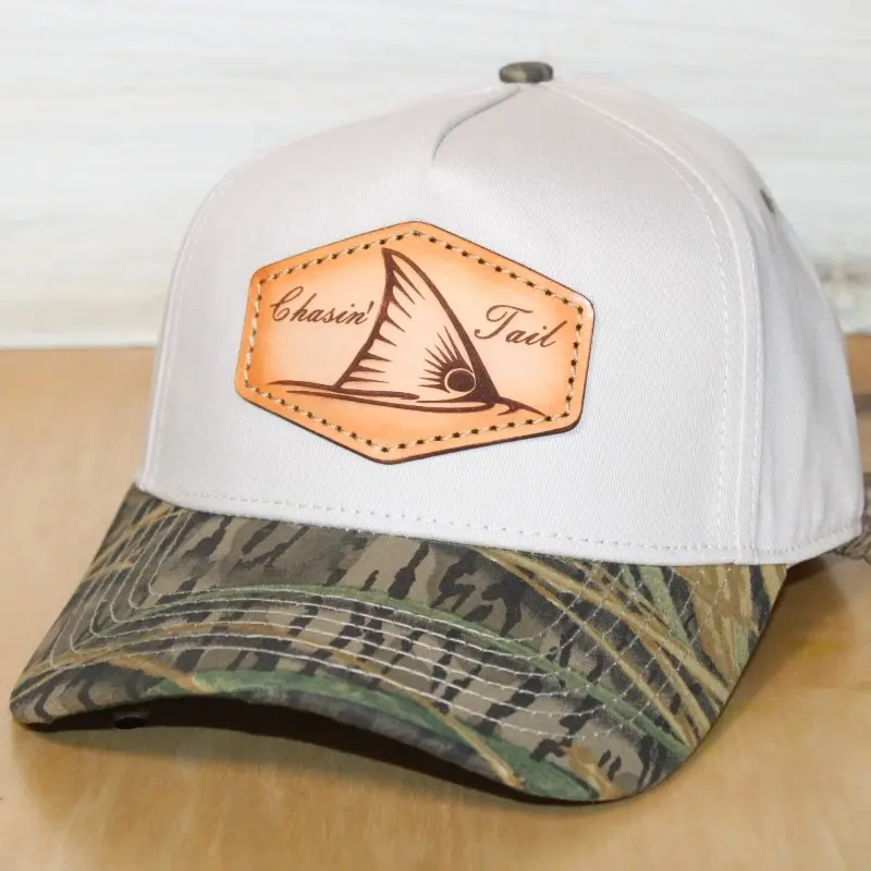 Chaisin' Tail Redfish Leather Patch Hat Camo Hybrid – Fishing Trucker Hat, Redfish Hat, Saltwater Fishing Gear
