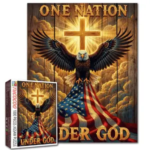 Tucocoo One Nation Under God Eagle Cross 1000 Pieces Jigsaw Puzzle Adult, patriotic art with American flag eagle and glowing cross, spiritual theme, relaxing family game, stress relief, brain challenge, wall decor gift adults seniors 27.5x20inch 70x50cm