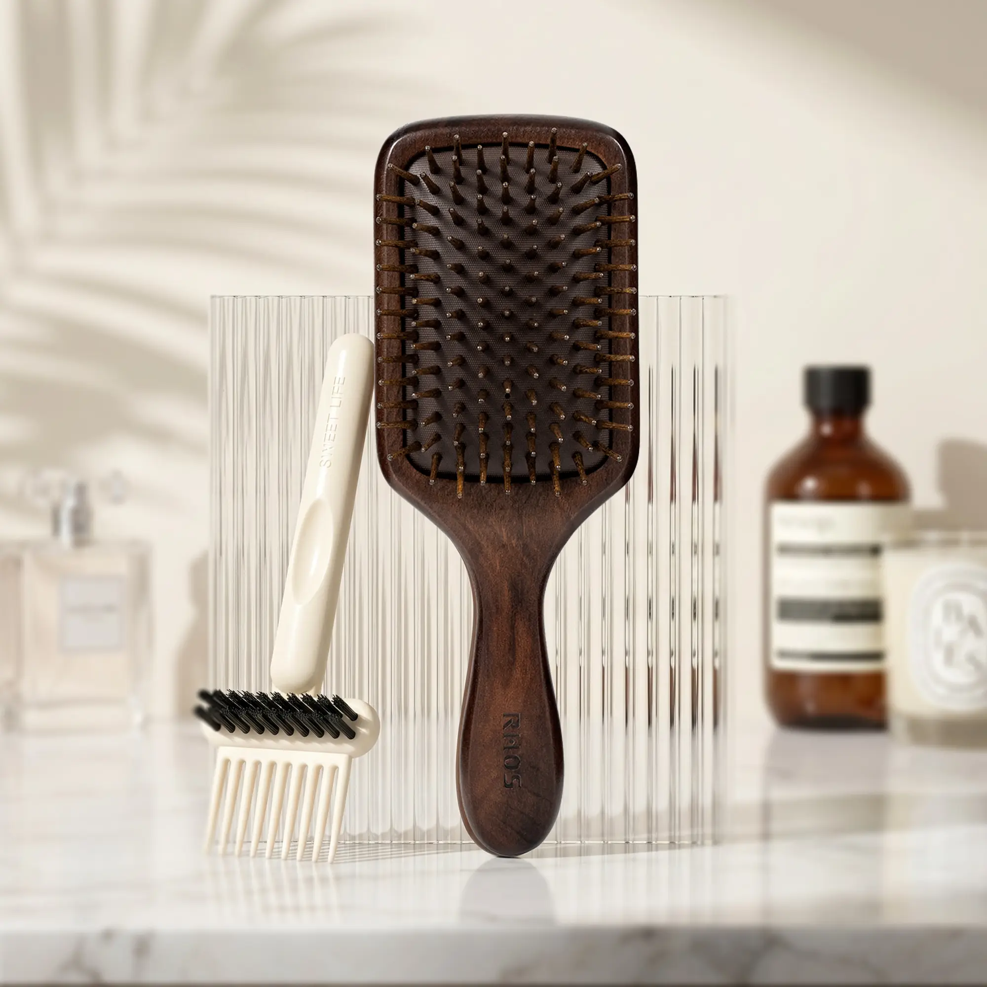 RHOS Premium Wooden Air Cushion Detangling Brush Set with Free Hair Cleaner Claw - Gentle Scalp Massage, Smooth ASMR Brush, reduces breakage