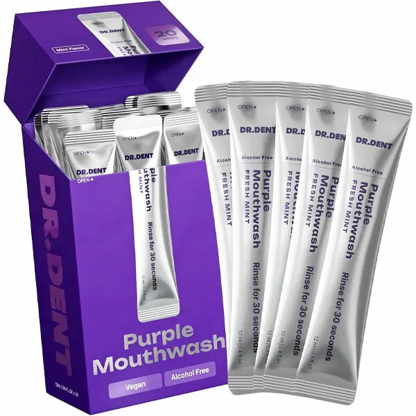 DR.DENT Purple Mouthwash for Teeth Whitening - Color Correcting Mouthwash Sachets - Peroxide Free, Alcohol Free - Freshens Breath, Supports Gum Health - Vegan, Mint Flavor (20 pc)