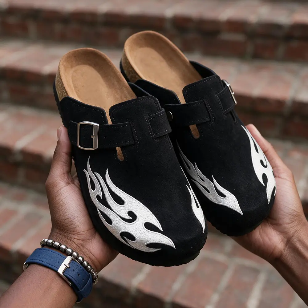 Men's Backless Suede Mules Flame Embroidery Cork Footbed Casual Daily Clogs Walking Shoes