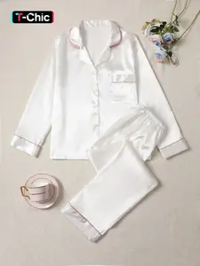 Comfortable Plain Satin Fabric Sleepwear Set, Soft Long Sleeve Button Up Top & Elastic Waist Pants, Casual Everyday Women's Loungewear Pajama Fit for All Seasons Pjs