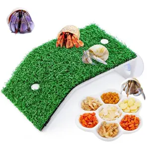1 Pack Hermit Crab Climbing Ramp Toy Simulation Grass Ladder with 1 Pack Ceramic Food Dish for Hermit Crab Habitat