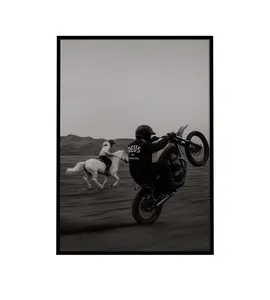 [SALE UP TO 45%] Motor Racing With a Horse, Motorcycle Retro Art Poster, Horse Racing Poster, Horse Power Room Aesthetic Posters, Horse Motorcycle, Print
