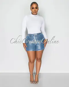 *Laena Blue Medium Denim Silver Foil Shorts