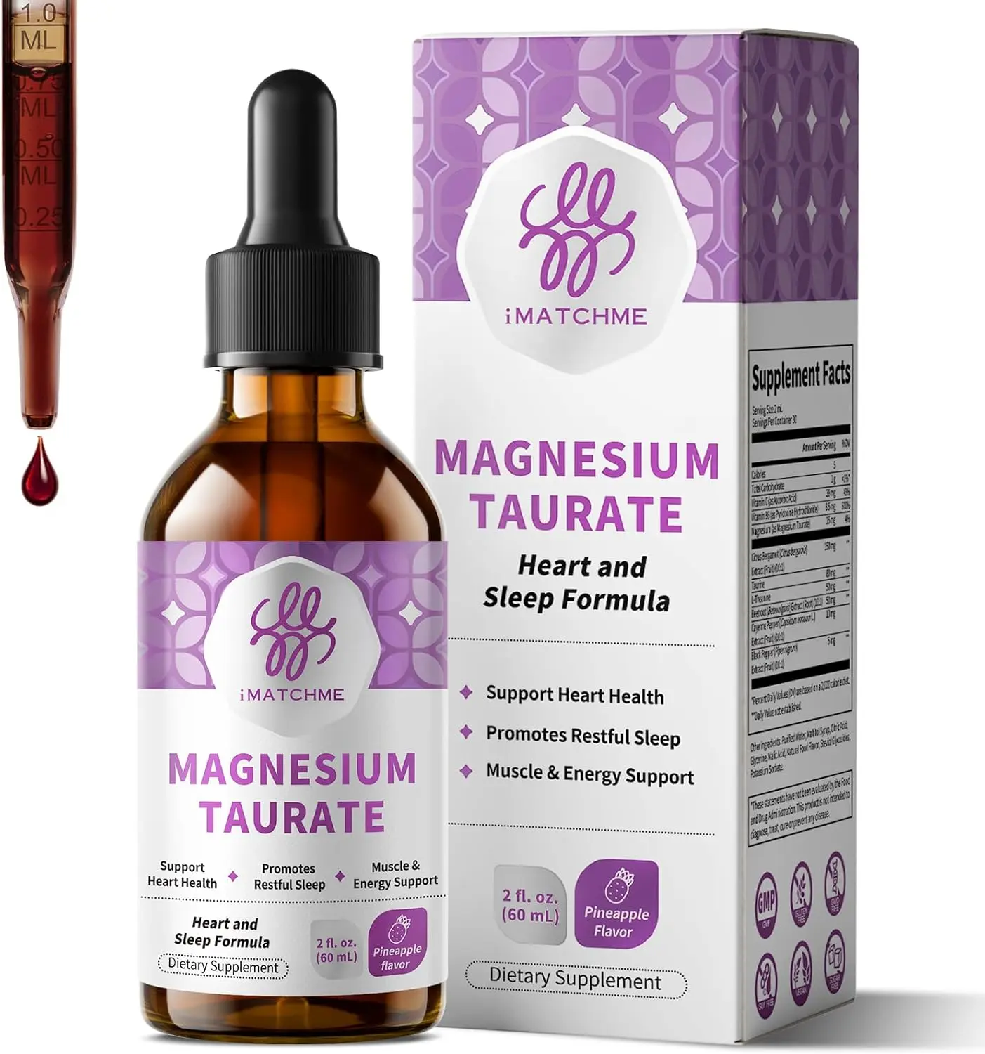 iMATCHME Vegan Magnesium Taurate Liquid Drops, High Absorption Mineral Complex with Vitamin B6 & CoQ10, Pineapple Flavor, Non-GMO, Gluten & Sugar Free Daily Nutritional Supplement, 2 Fl Oz