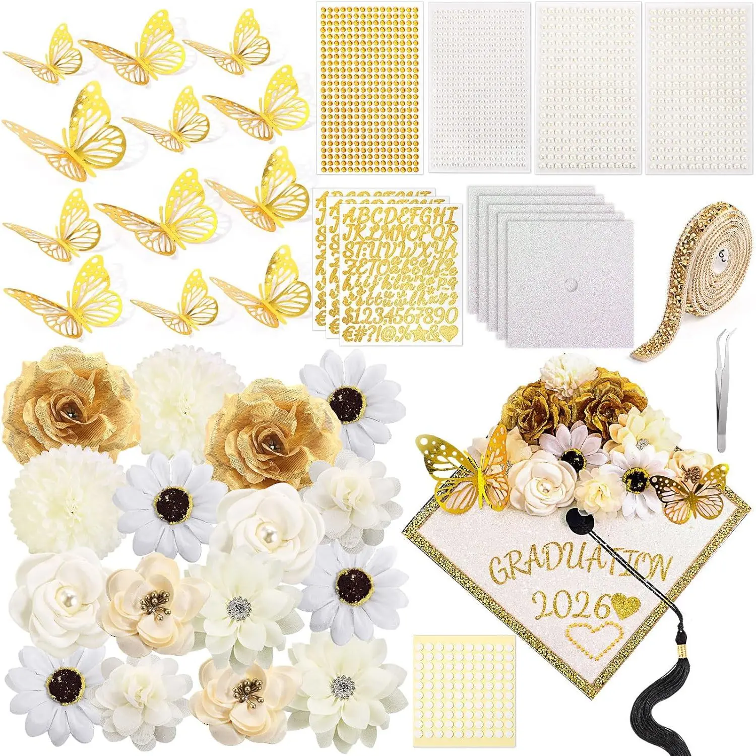 Wavwavw 43 PCS Floral DIY Graduation Cap Decorations Kit - Self-Adhesive Faux Flowers, 3D Butterflies, Rhinestone Stickers, Alphabet Letters for 2026 Grad Party (White) - Ideal for Grad Cap Design
