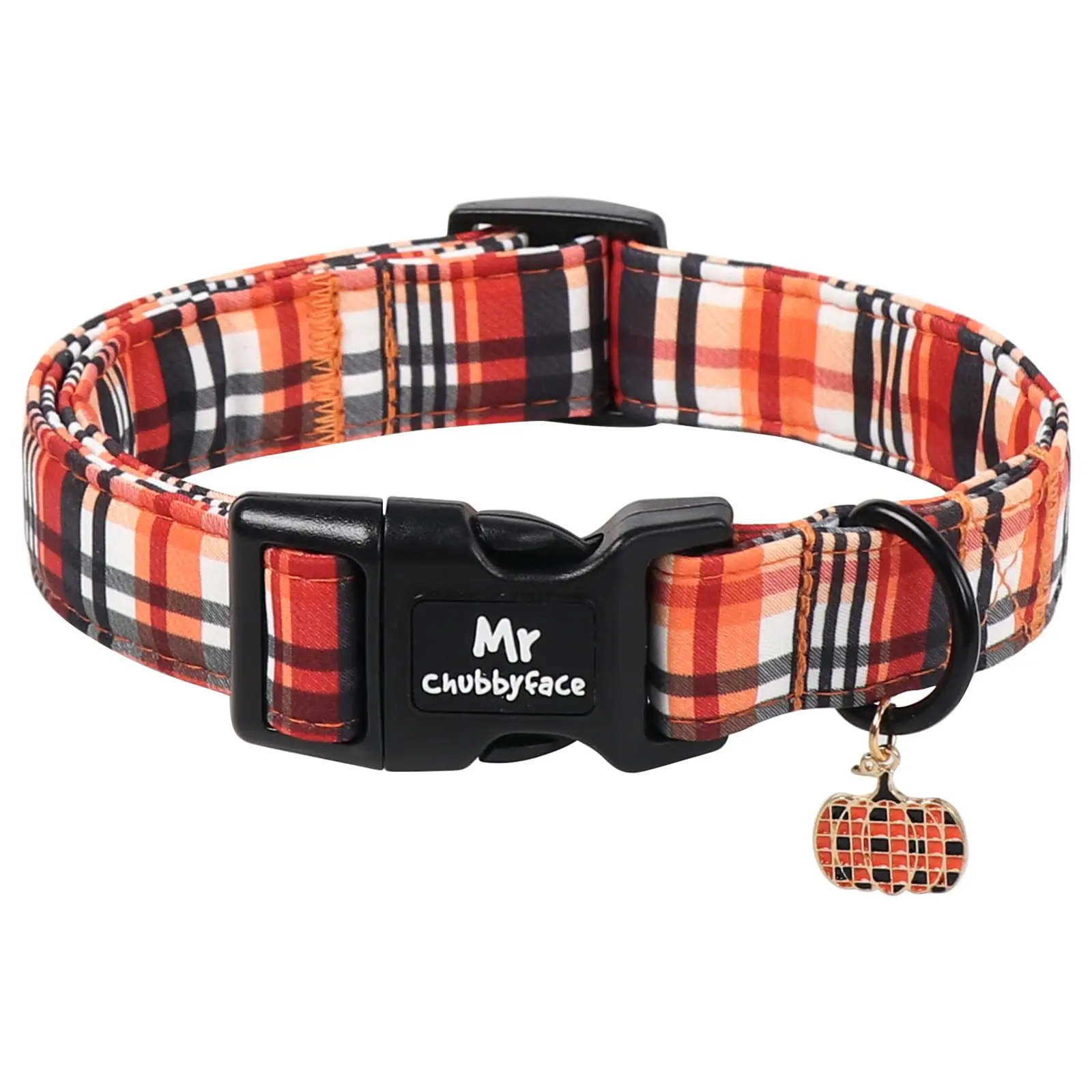 Mr.Chubbyface Fall Plaid Dog Collar with Cute Pumpkin Charms, Lightweight & Adjustable Cotton Puppy Collar with Safety Buckle for Small to Large Dogs