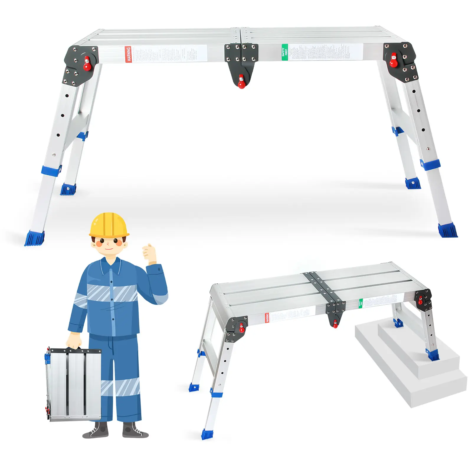 LEADALLWAY Portable Adjustable Work Platform Step Stool 33in(L) x12in(W) x20in(H) Aluminum Ladder with One-Touch Automatic Fold 500 Lbs Capacity