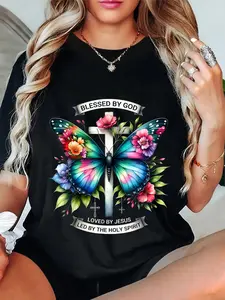 100% Cotton Blessed by God Loved by Jesus Christian Jesus Butterfly. T-Shirt